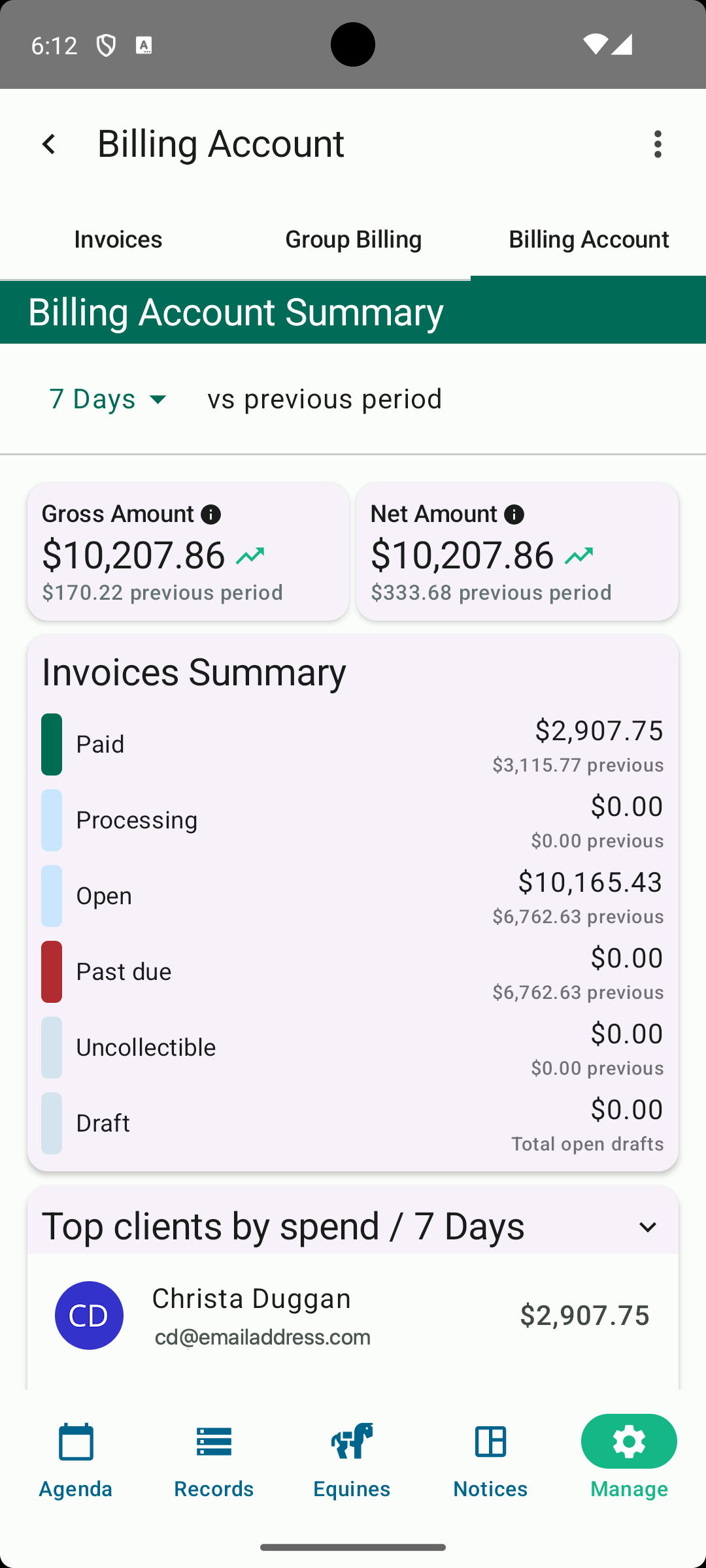 Billing account dashboard with gross revenue, invoice summary, and top customers