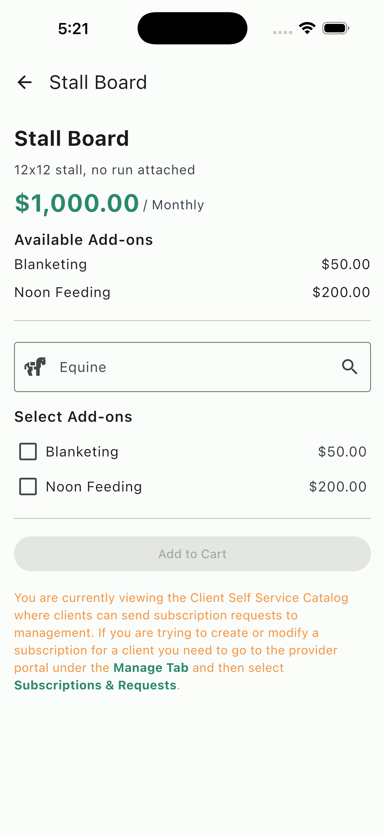 Board product detail showing monthly rate and available add-ons