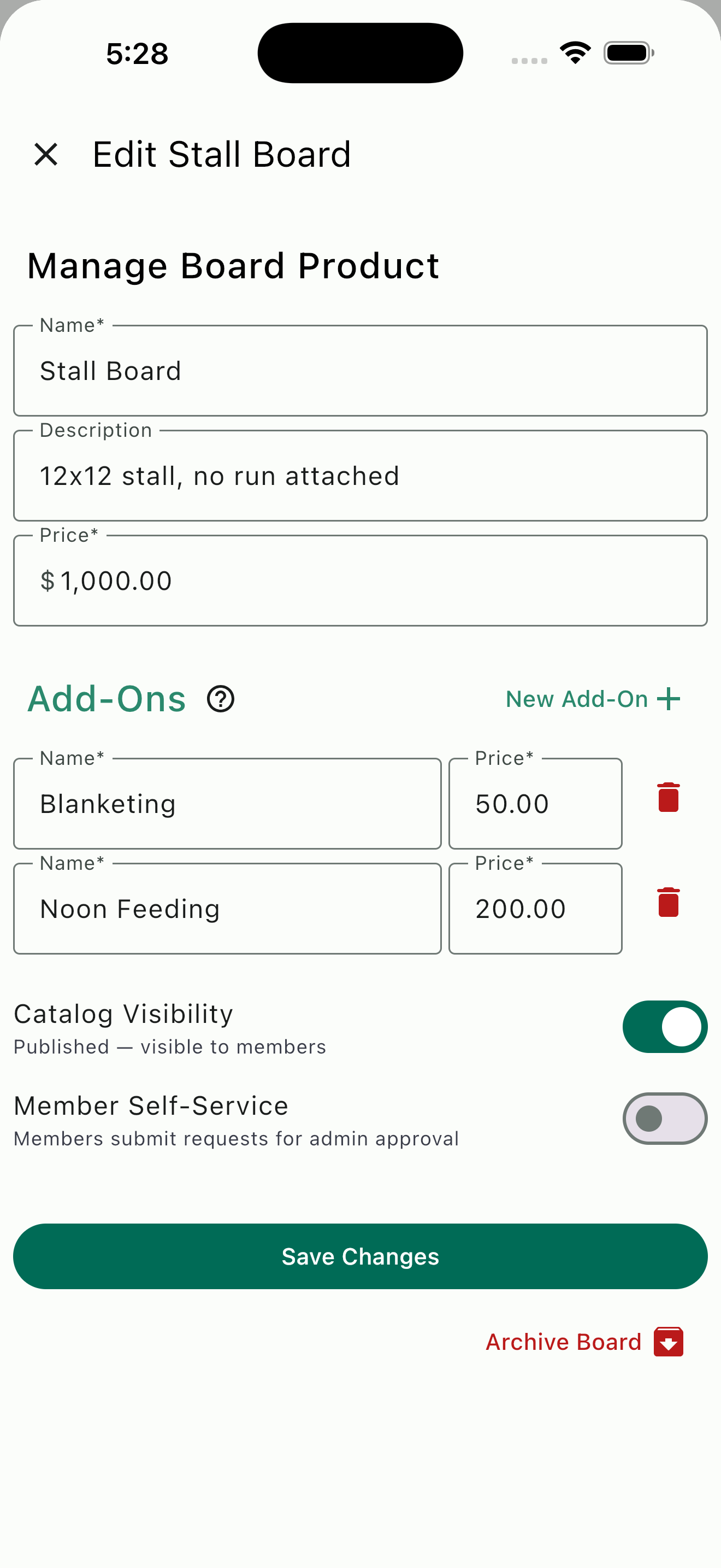 Configuring board products with custom add-ons and pricing