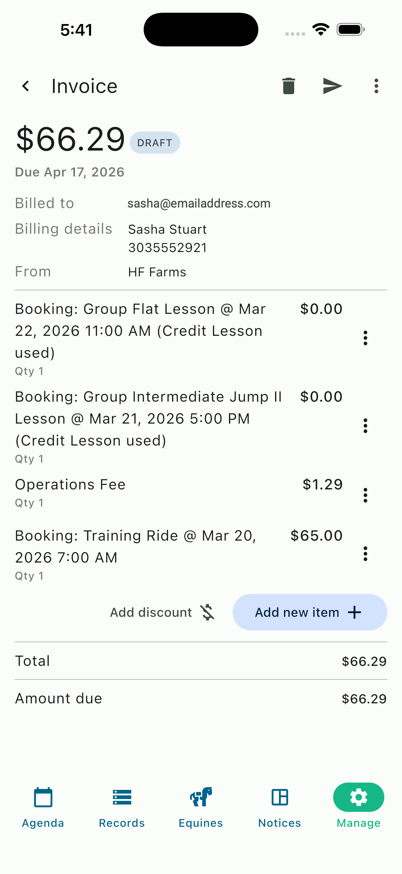 Draft invoice showing prepaid package credits applied to lesson bookings