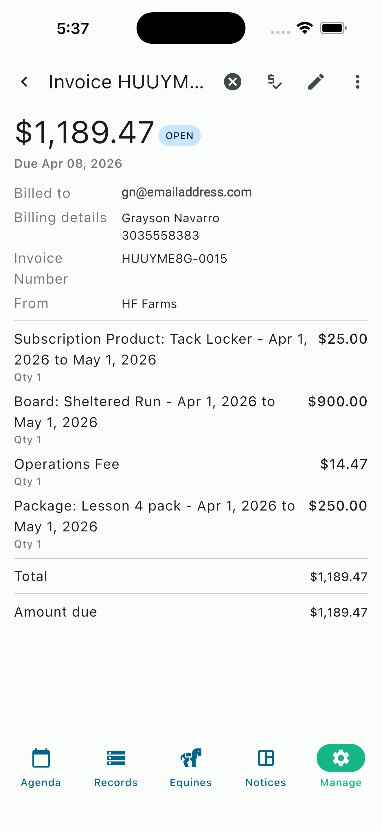 Detailed invoice breakdown showing board, packages, and subscription charges
