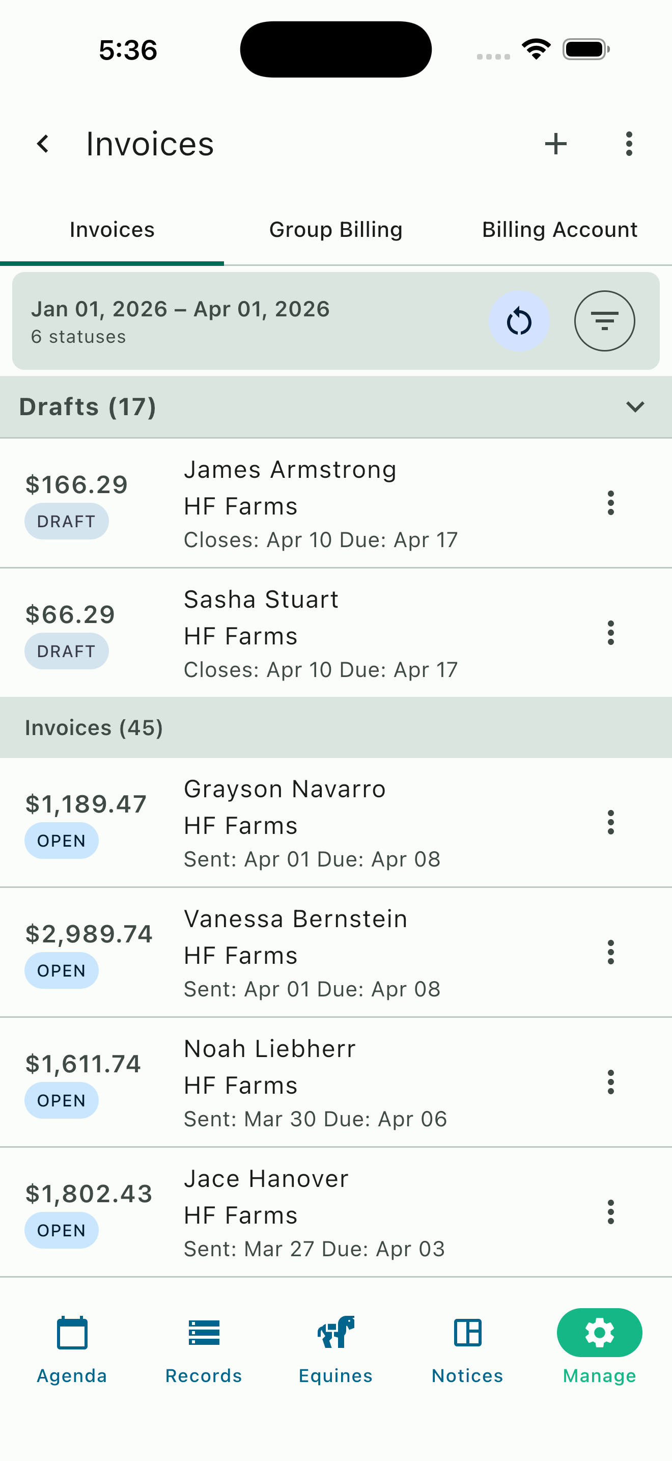 HayNet invoice management showing draft and open invoices