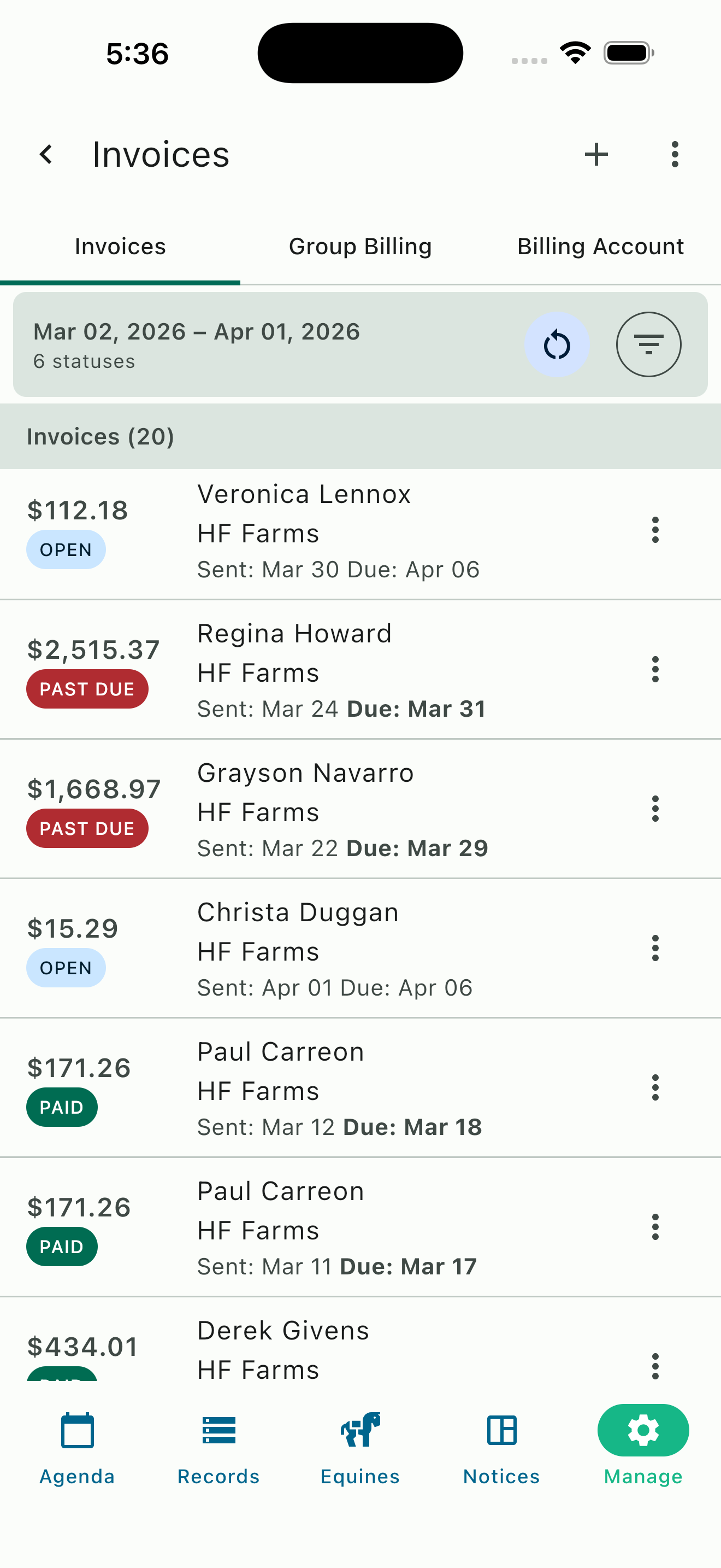 Invoice status tracking with color-coded paid, open, and past due indicators