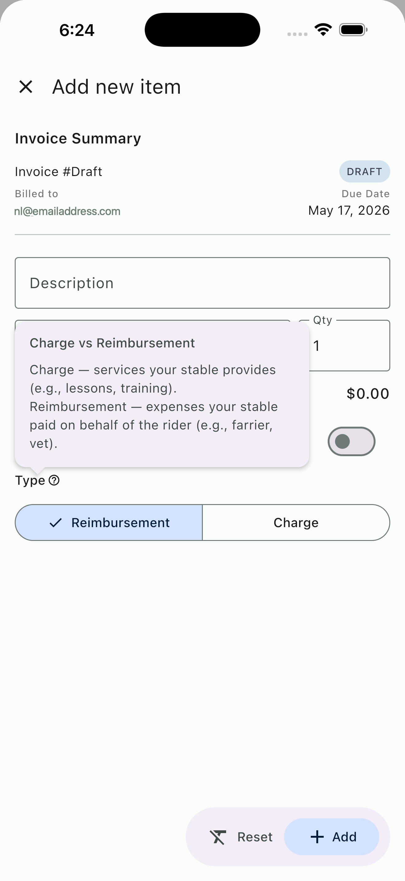 Reimbursement tagging tooltip on an invoice line item
