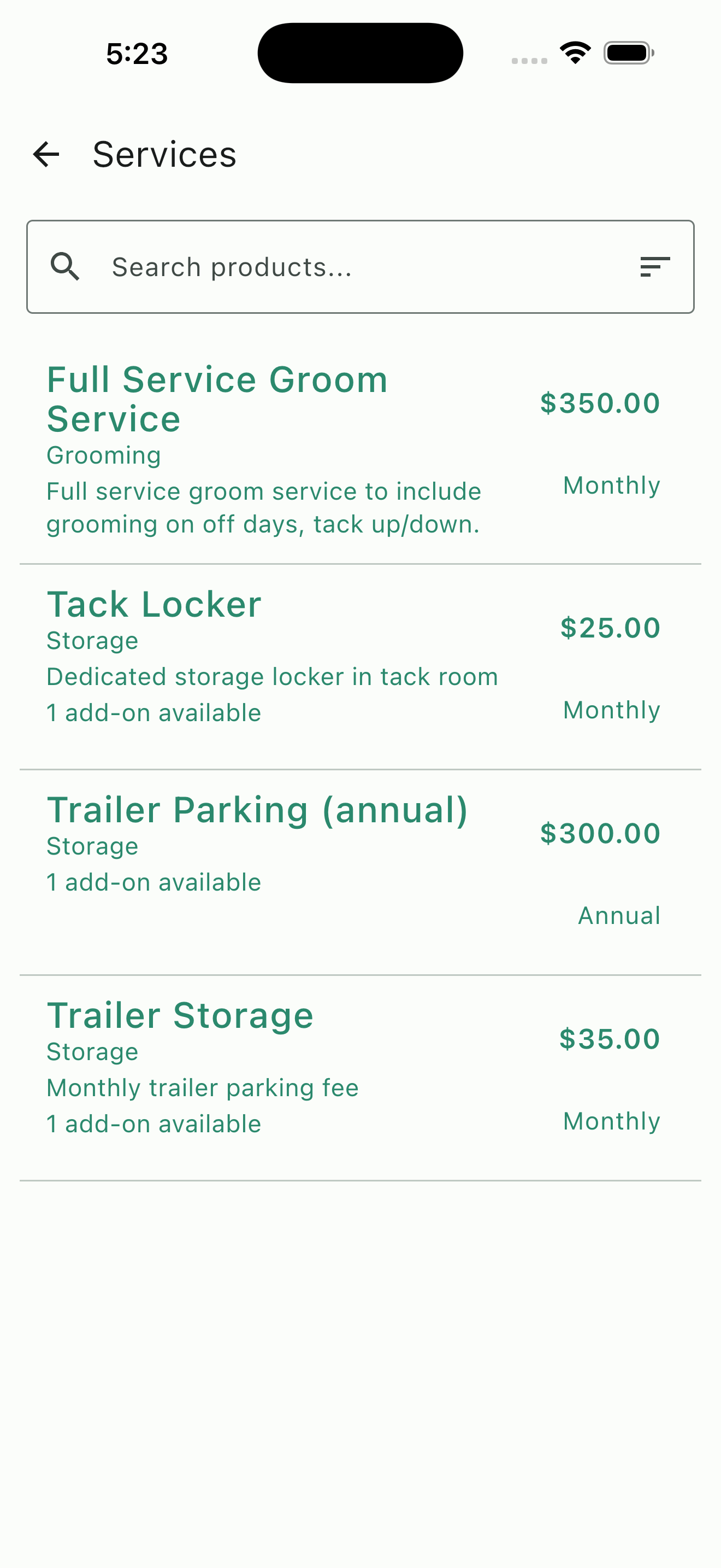 Subscription products including grooming, storage, and parking