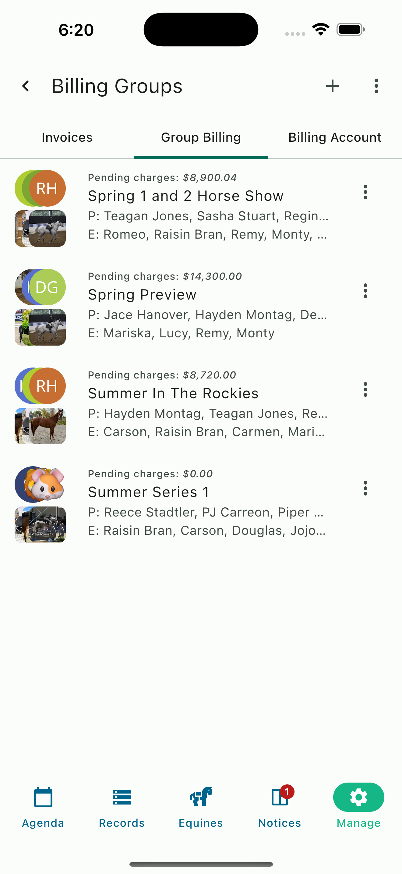 Group billing list showing horse shows with pending charges