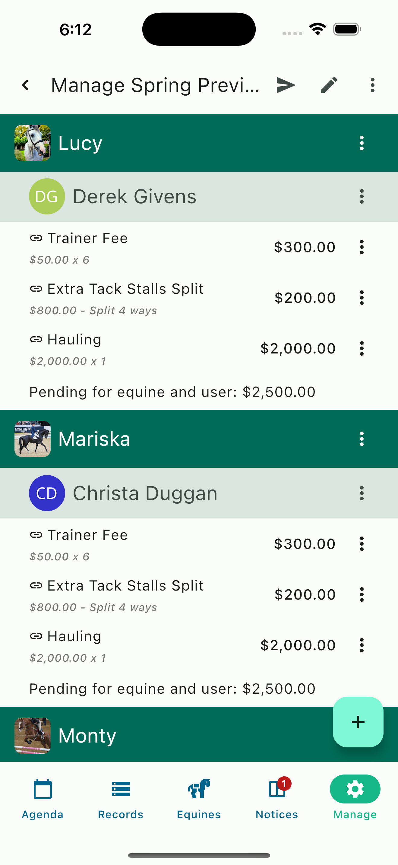 Multiple responsible payers split on a single horse's show bill