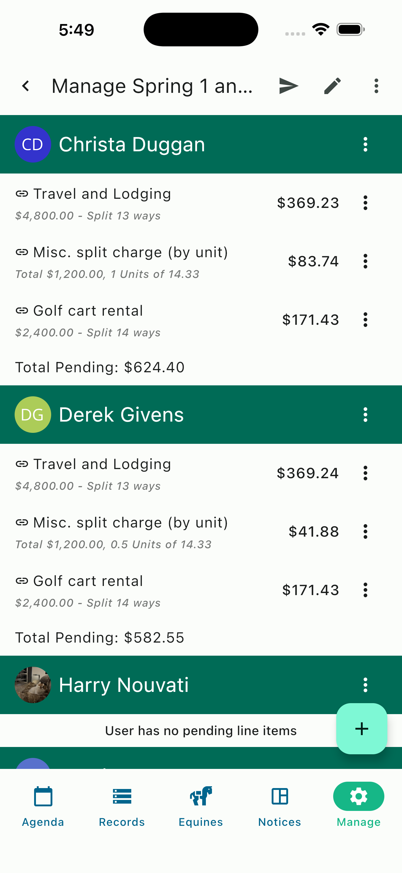Horse show expense splitting by participant with itemized charges