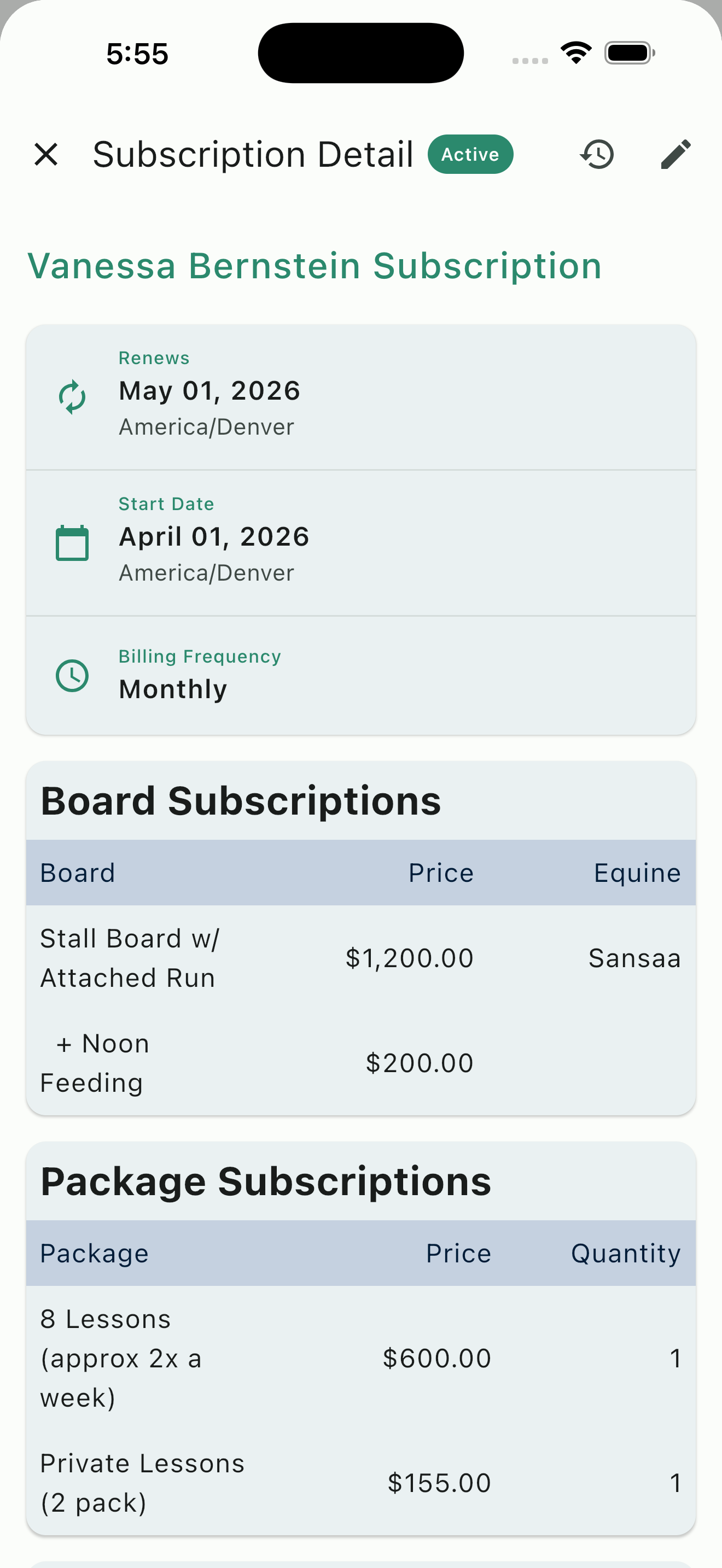 Detailed subscription view with board, package, and product line items