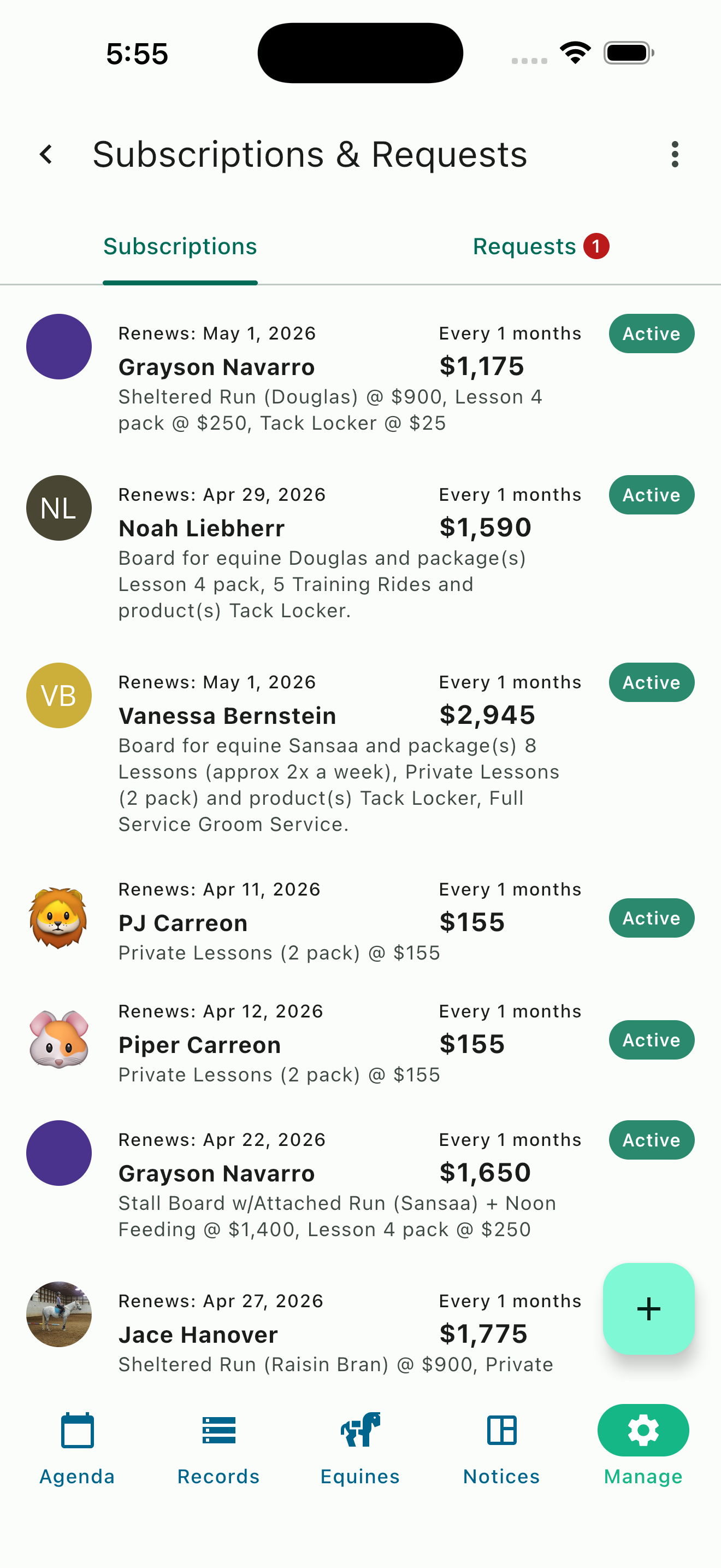 Client subscription management with board, packages, and recurring products