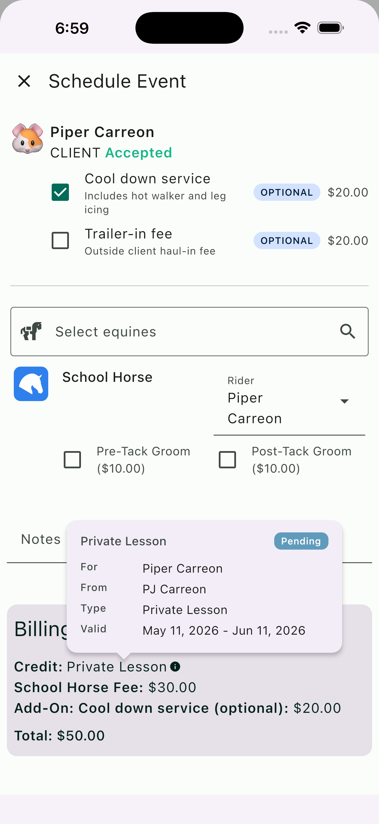 Booking summary showing a private lesson credit owned by one family member being applied to another family member's session