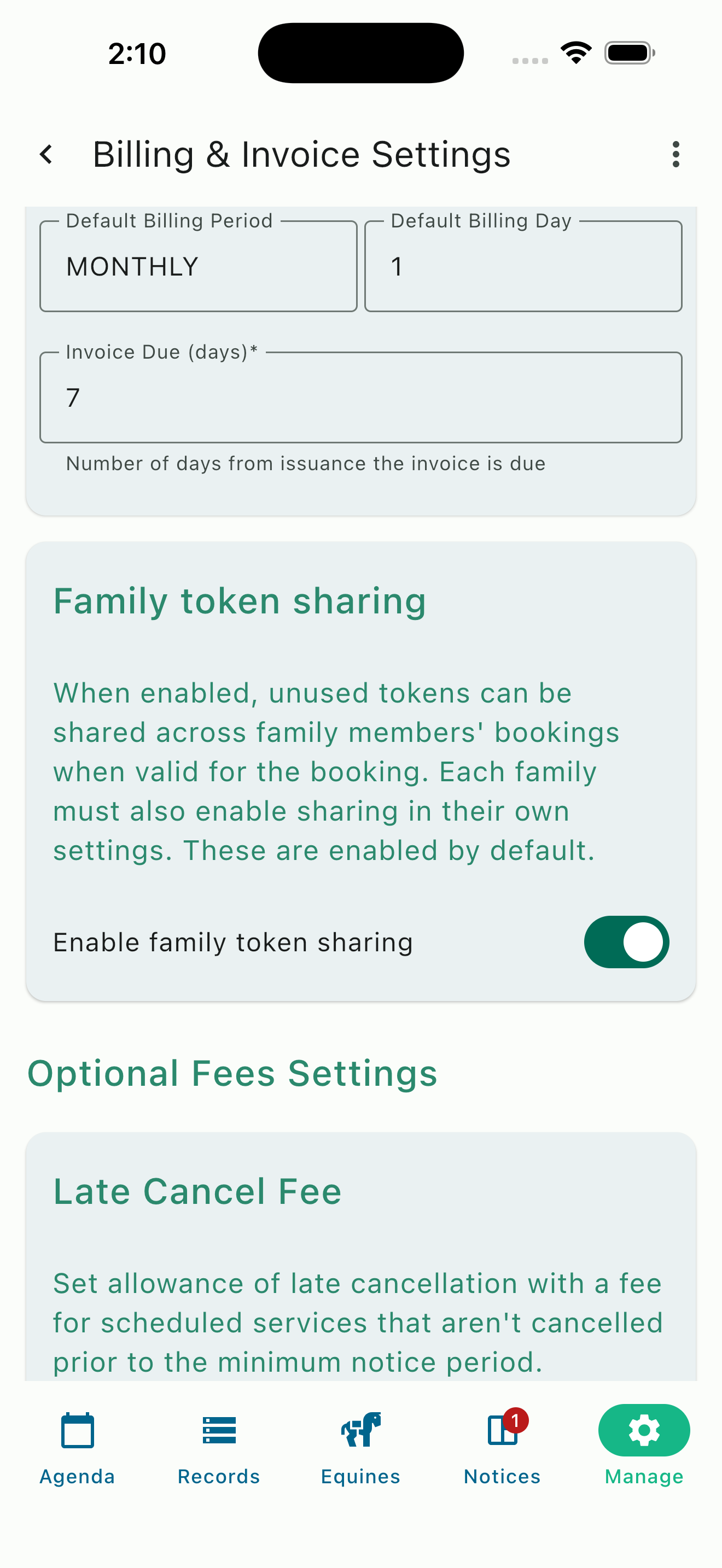 Billing settings showing the organization-level Family token sharing toggle, enabled by default