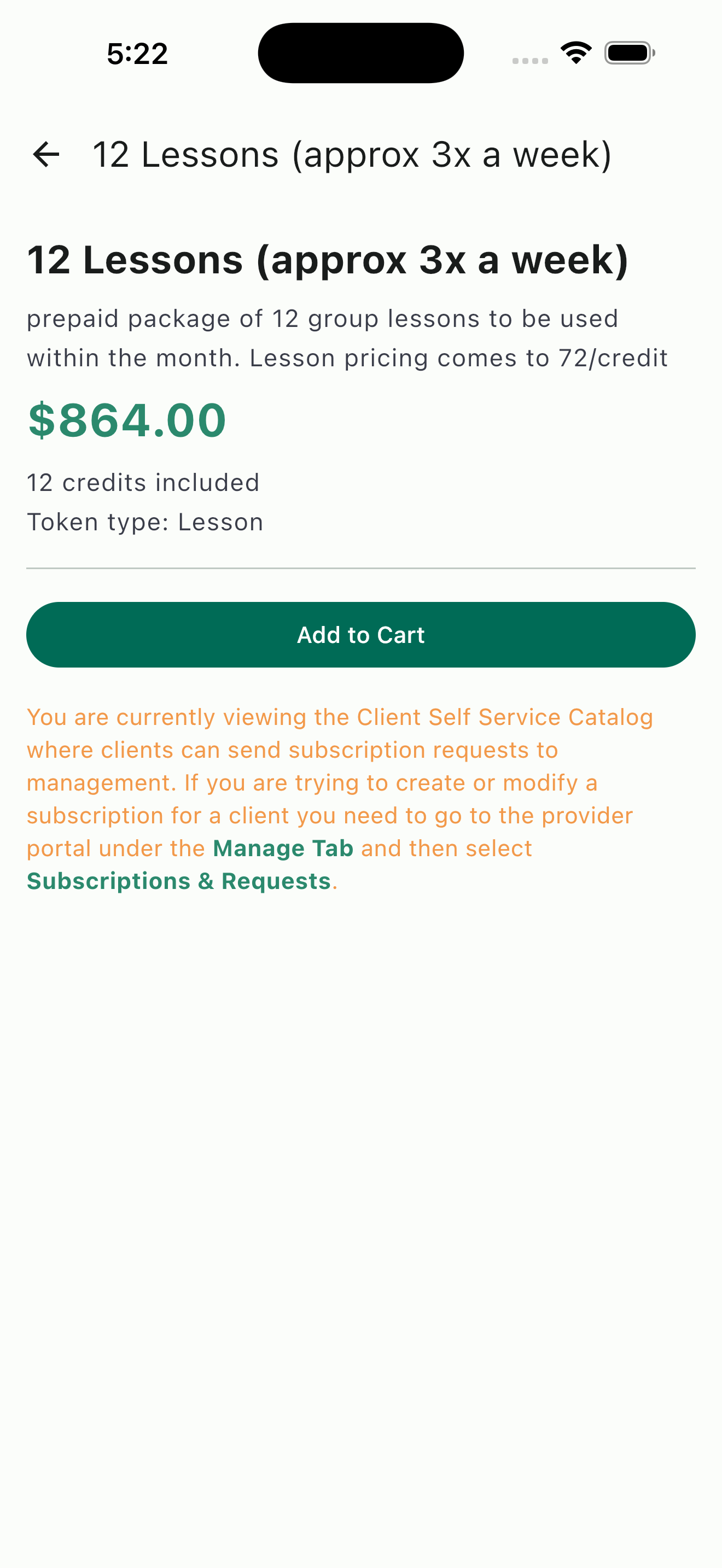 Package detail view showing pricing, credits included, and token type