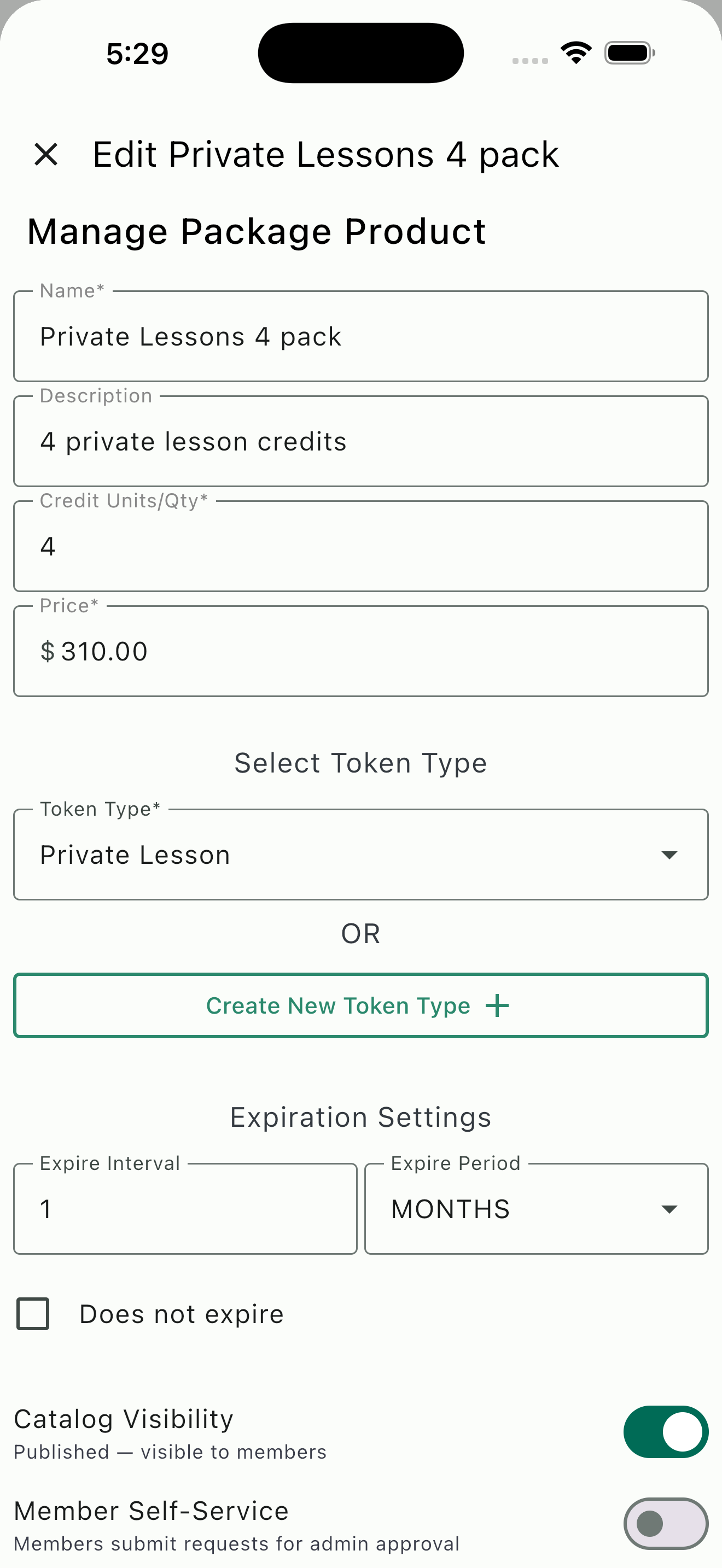 Configuring a prepaid package with credits, pricing, token type, and expiration