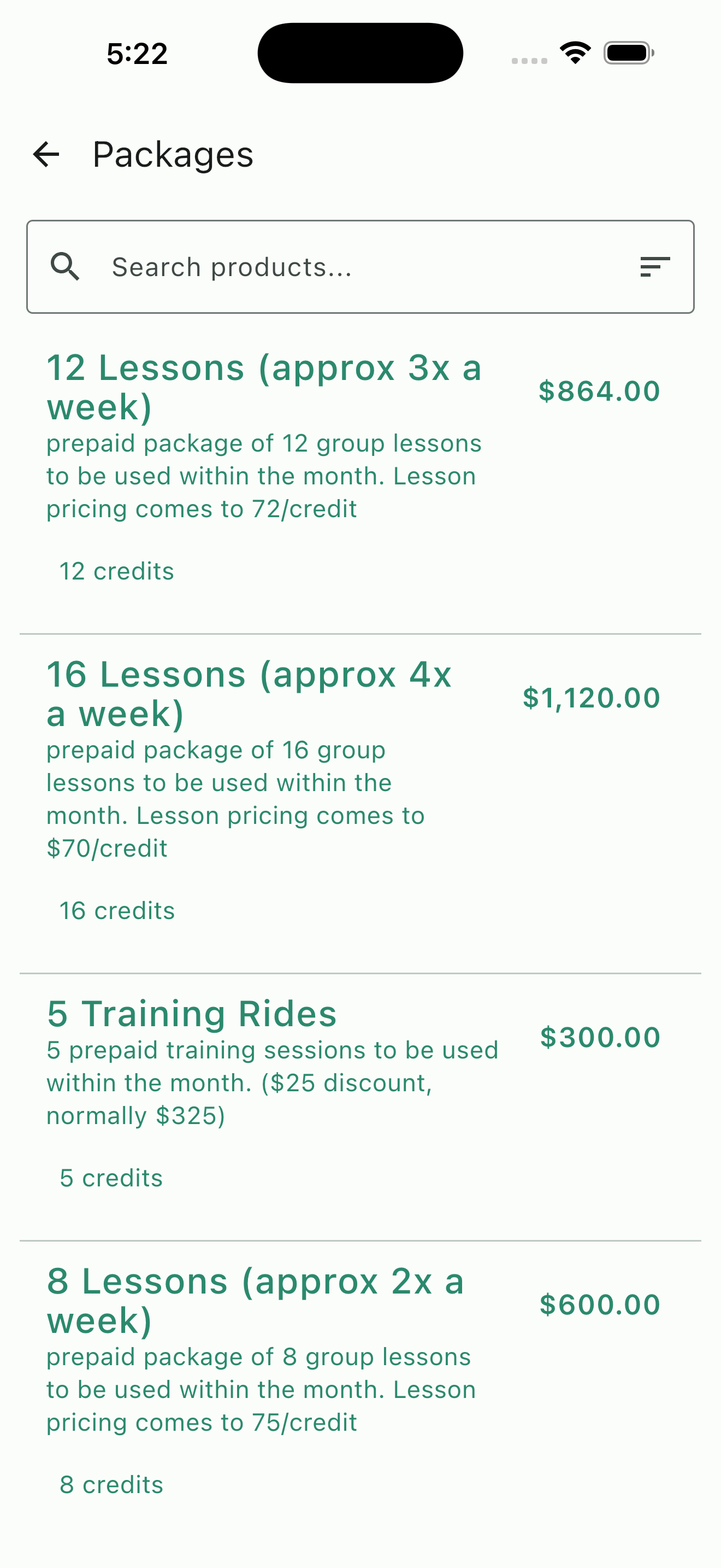 Additional lesson and training package options with per-credit pricing