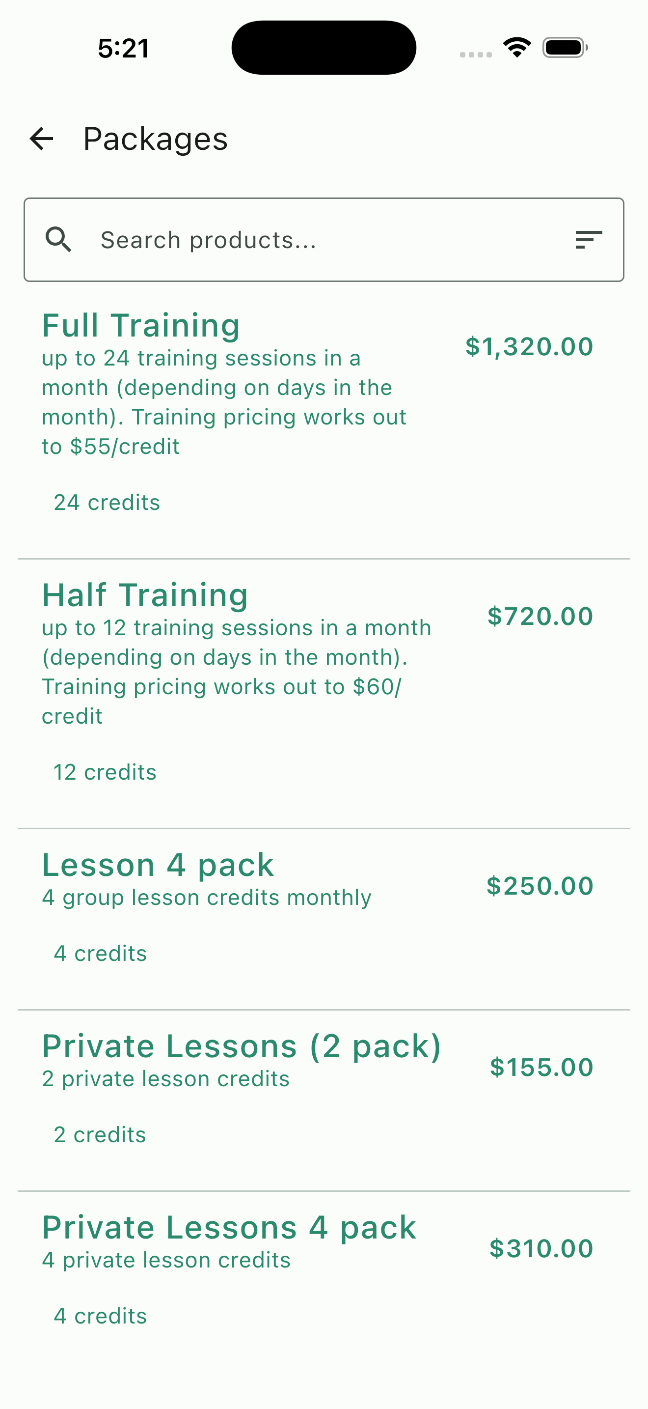 Prepaid package options with training and lesson bundles at various commitment levels
