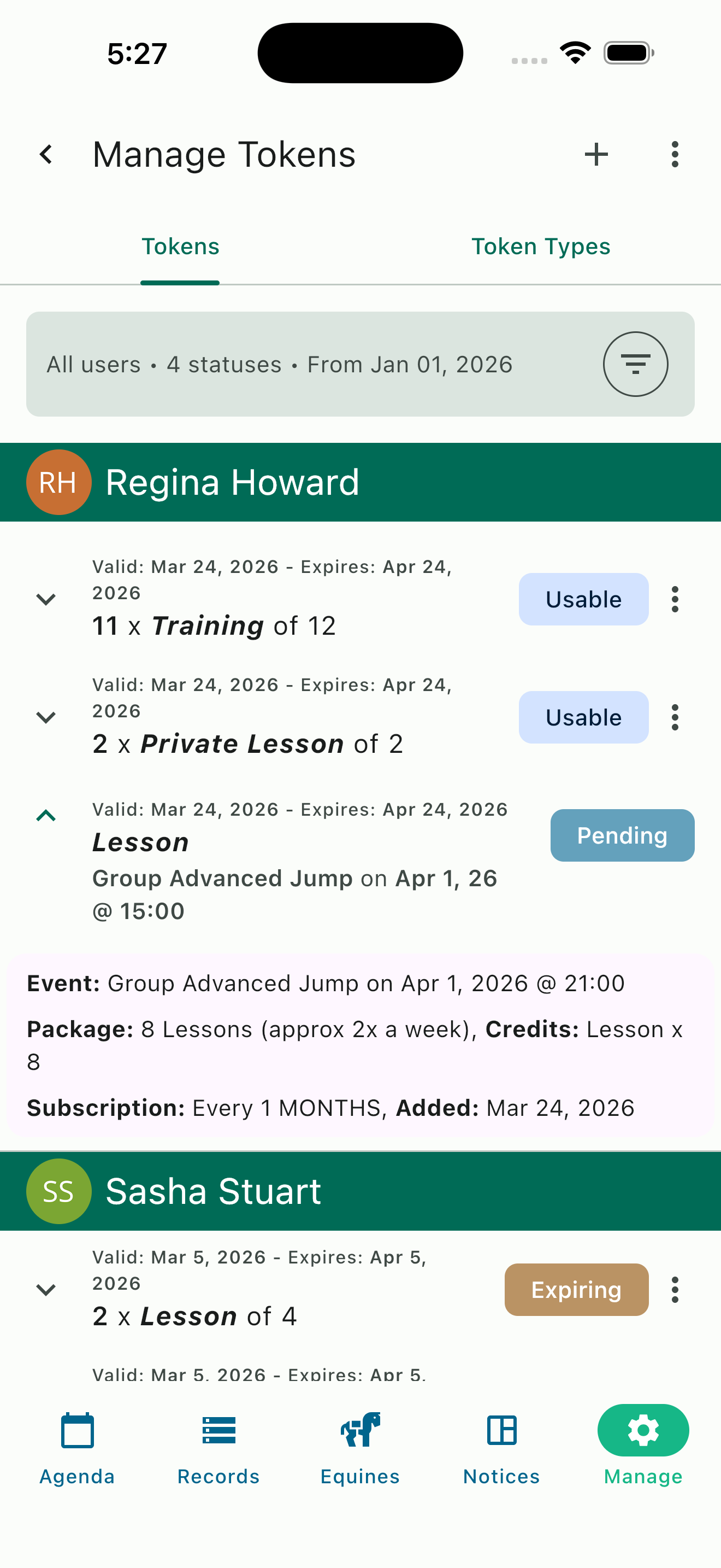 Token management showing per-client credit inventory with status tracking