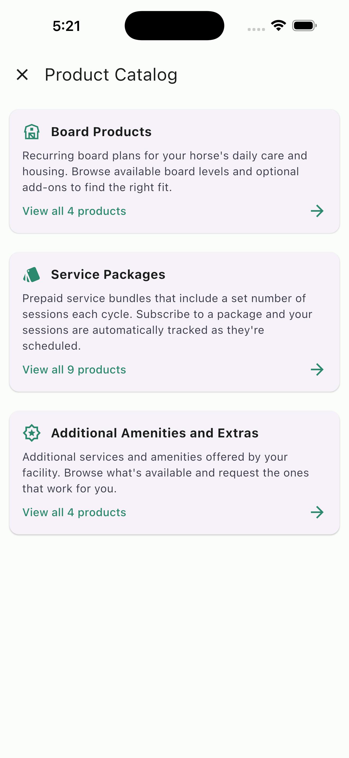 HayNet product catalog showing board, packages, and amenities for clients to browse