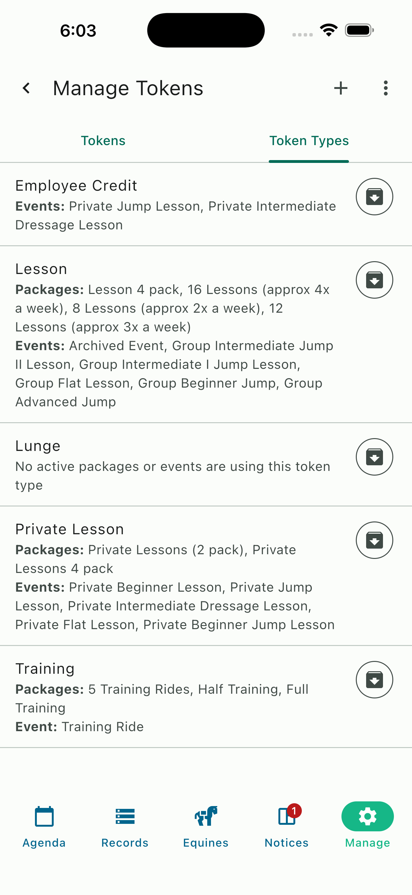 Custom token types configuration with associated packages and events