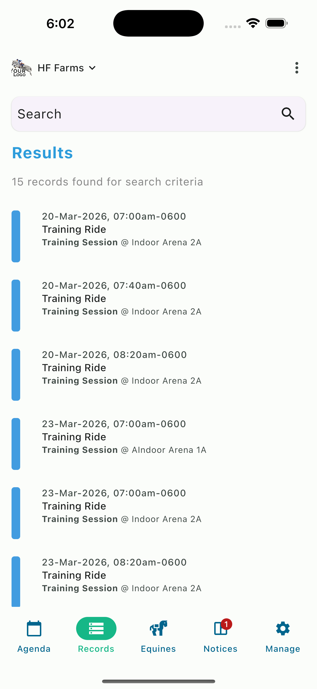 15 training session records showing volume and frequency data