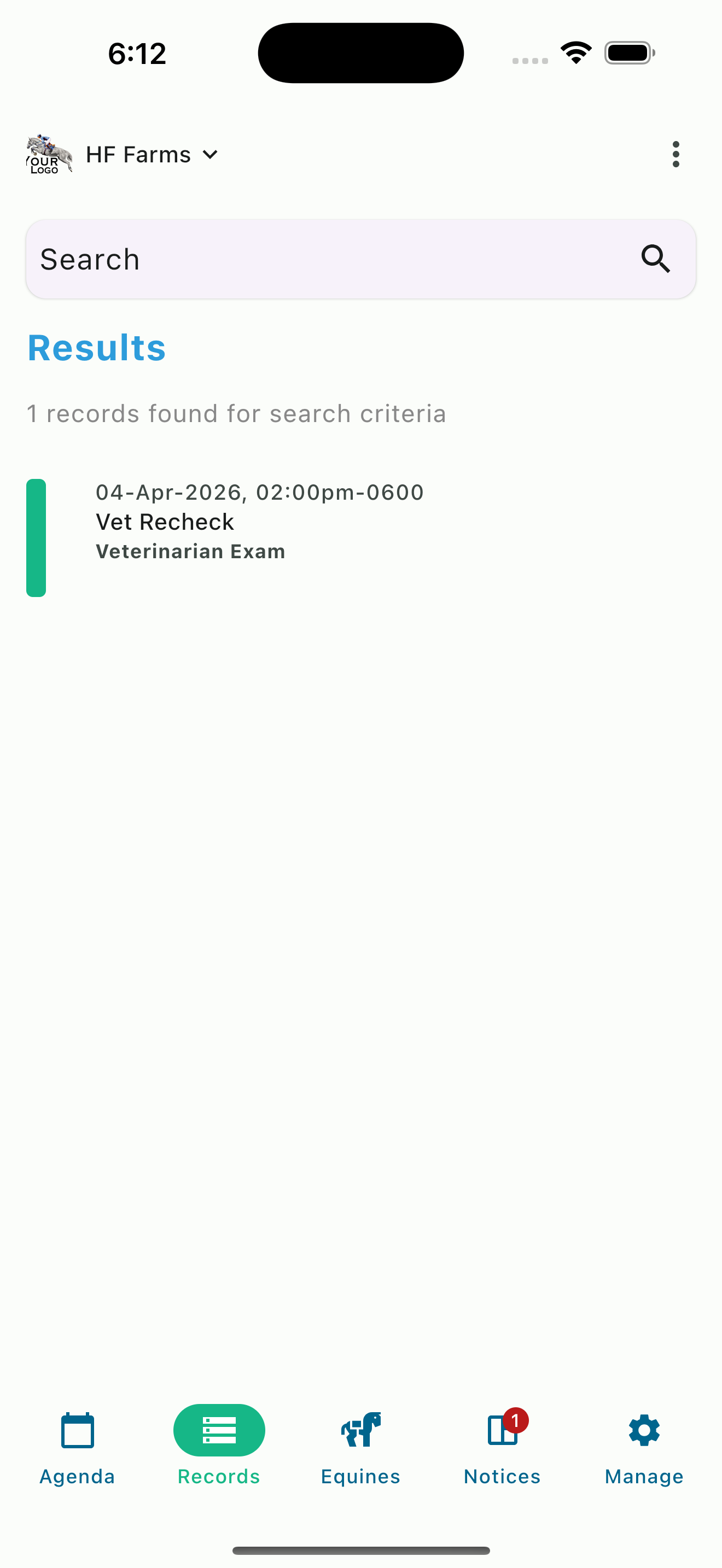 Search results showing one matching vet check record