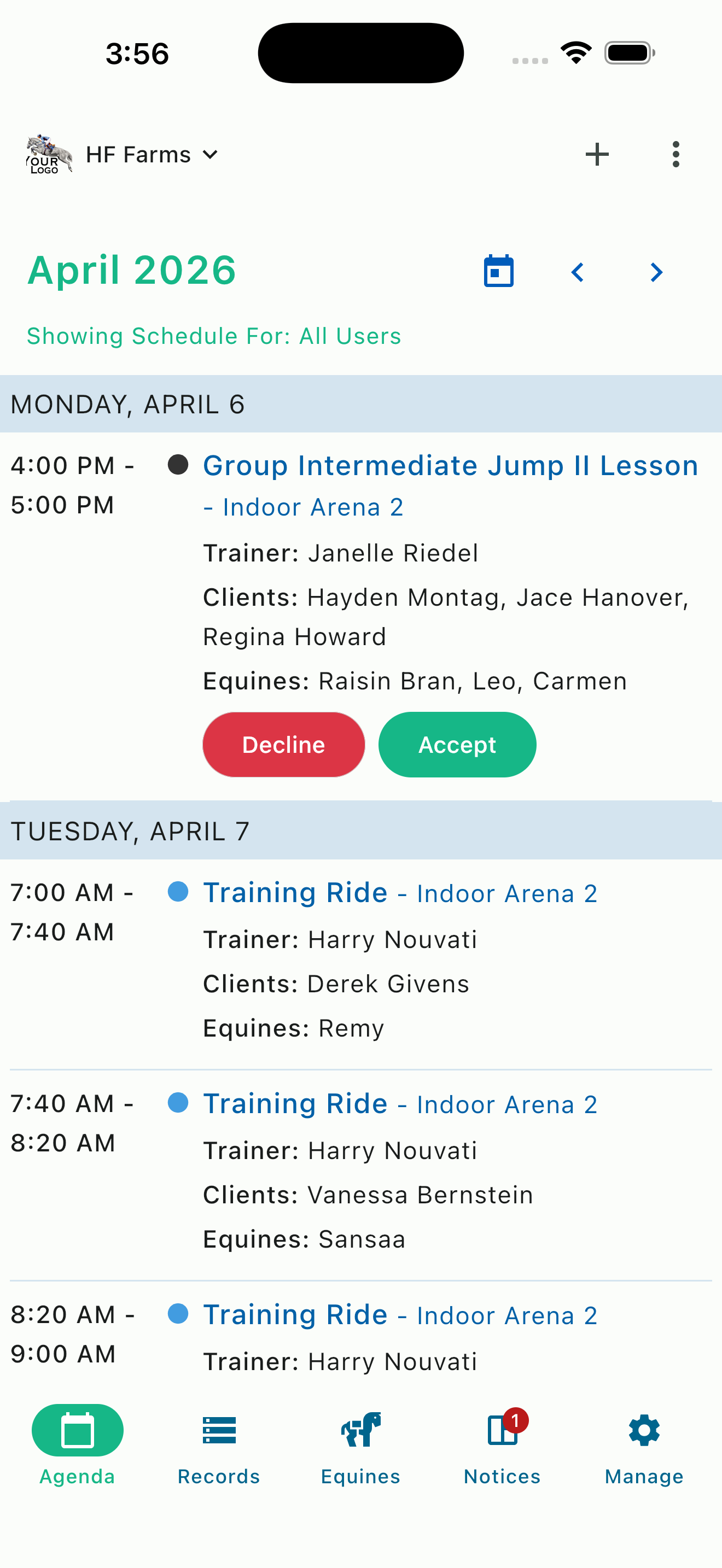 Inline accept and decline buttons for booking requests on the HayNet agenda