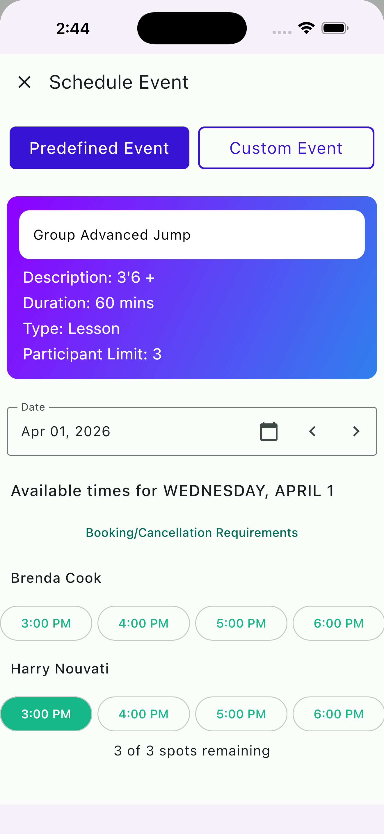 HayNet scheduling interface showing predefined event booking with available time slots