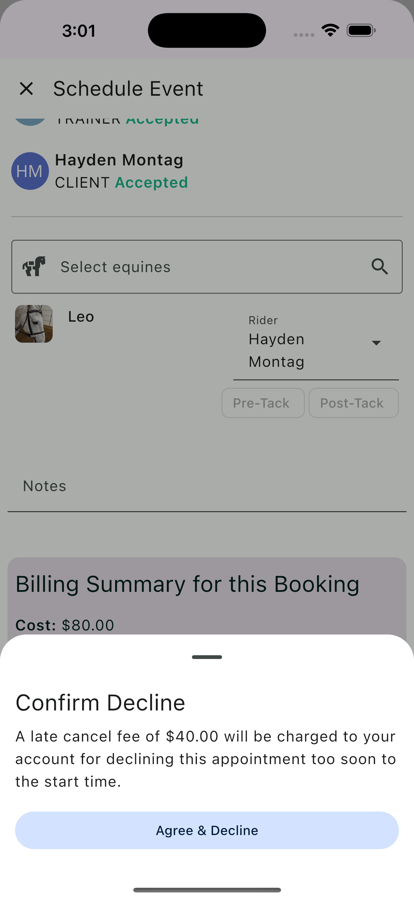 Late cancellation fee warning when declining a booking too close to start time