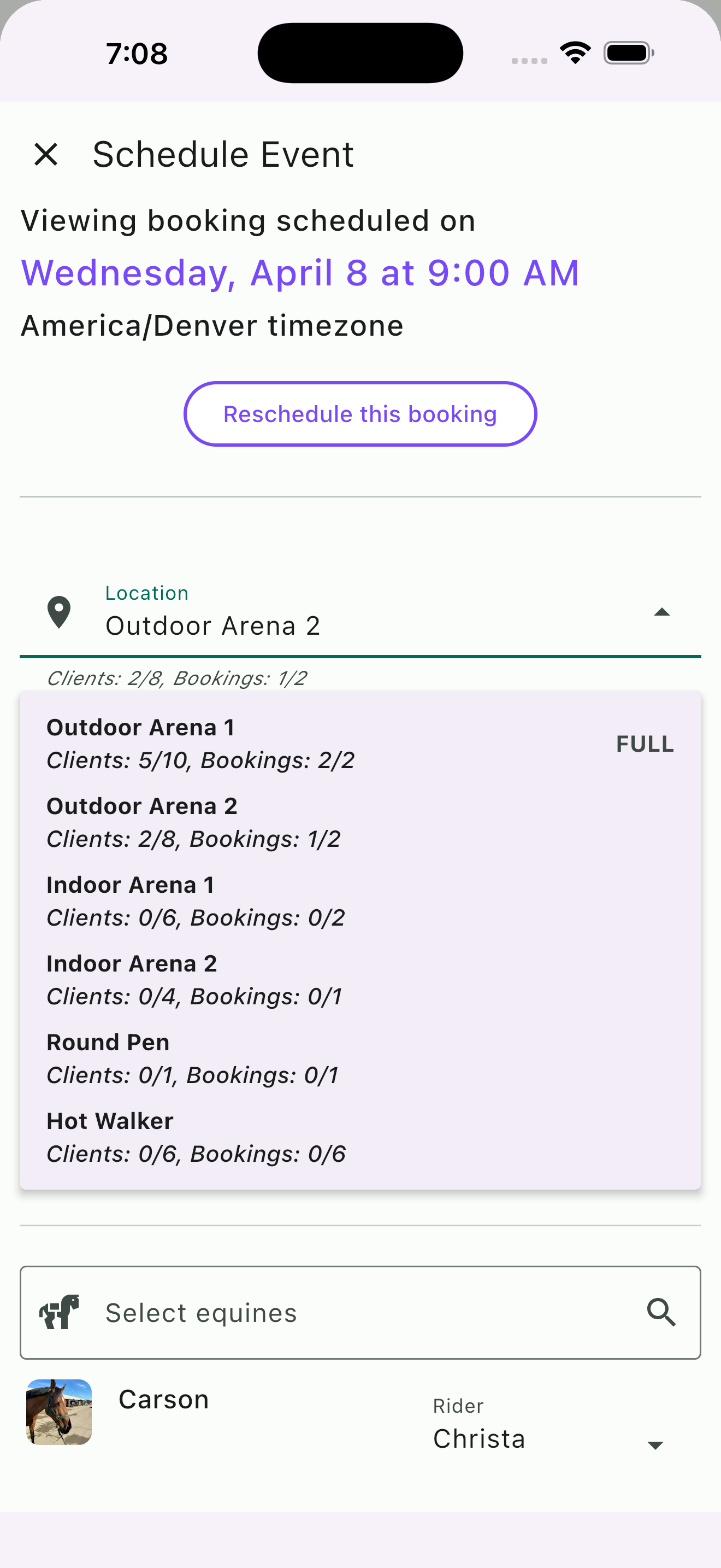 Resource picker showing full arena capacity in HayNet scheduling