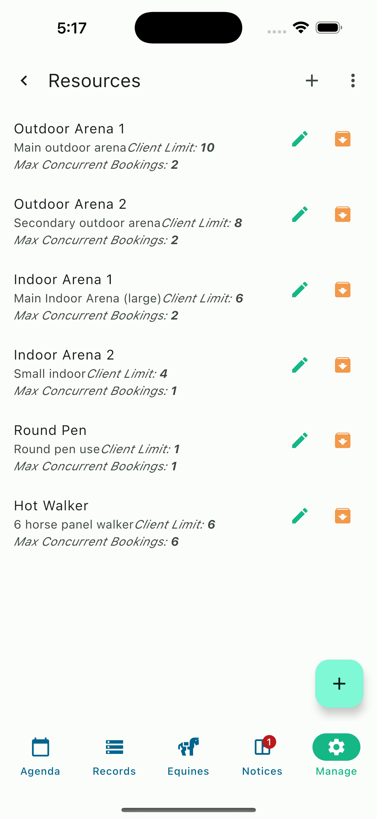 HayNet resource list showing arenas with client capacity limits