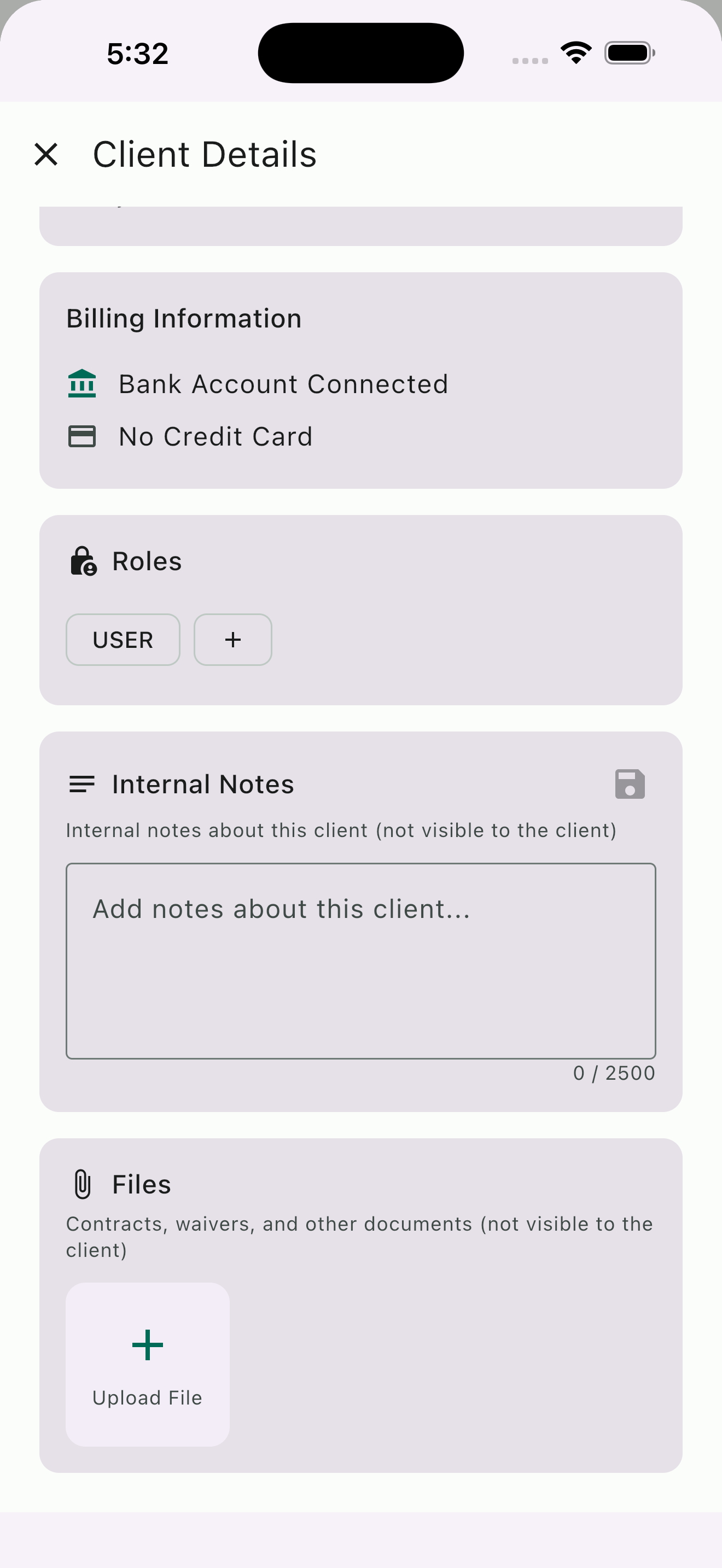Client document storage for contracts, waivers, and Coggins uploads